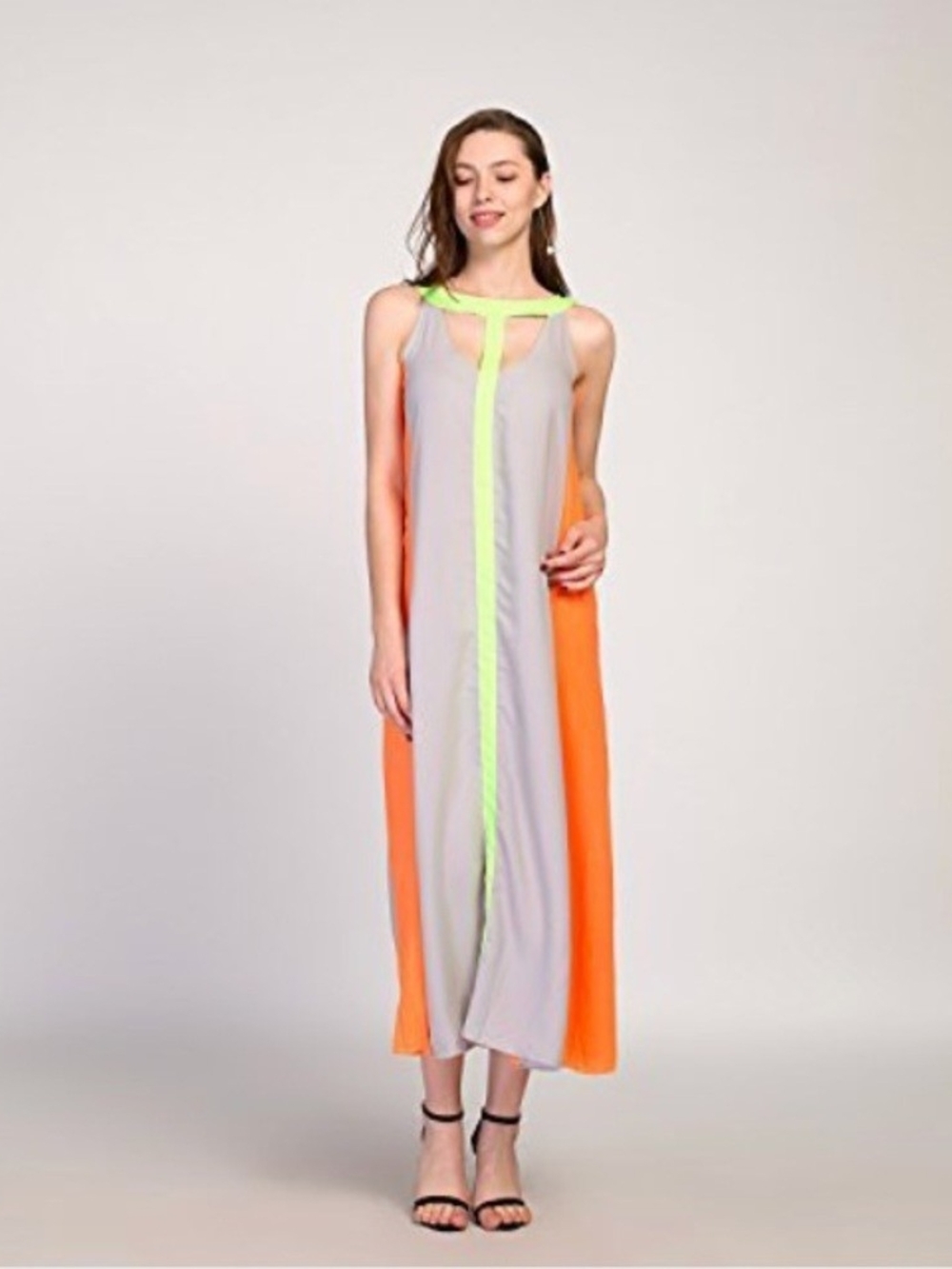 Sleeveless Colorblock Maxi Dress in Gray, Orange & Neon Greenish Yellow